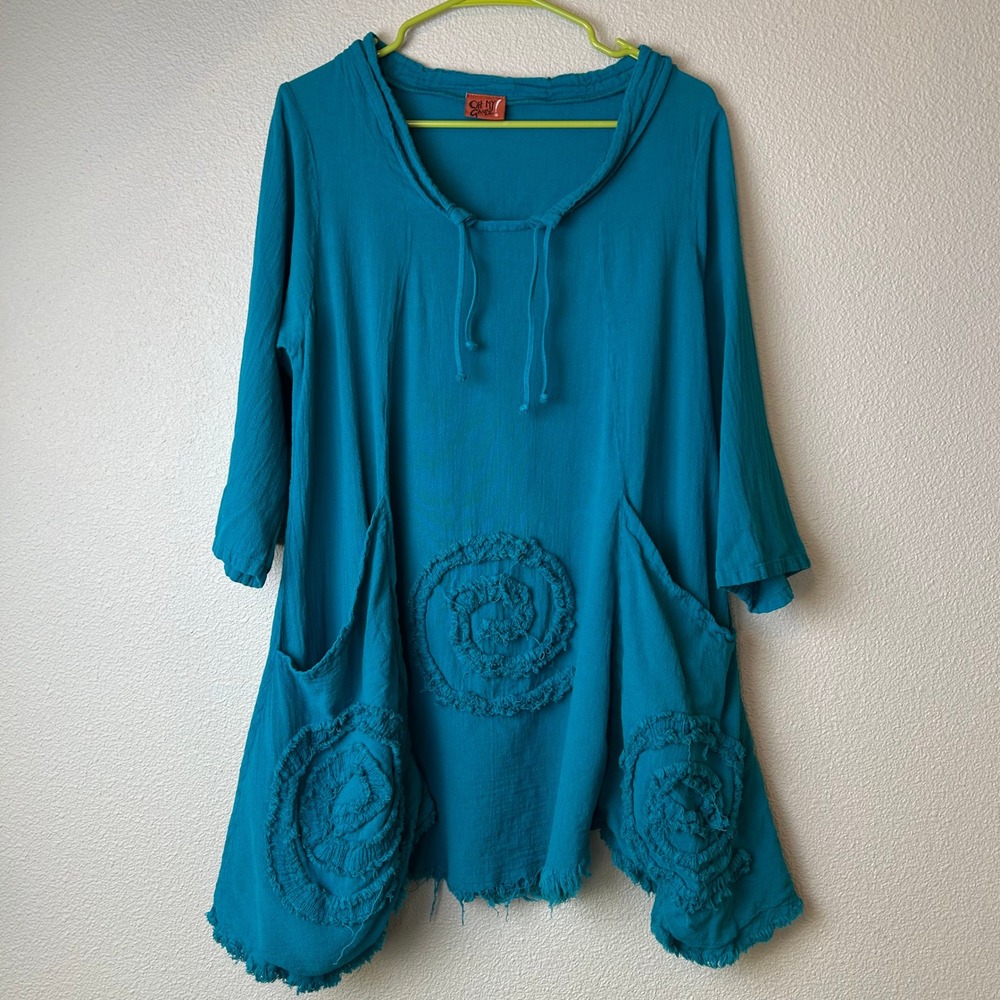 Oh My Gauze Tunic Top Size 1 S/M Turquoise Blue Cotton Lagenlook Boho Oversized